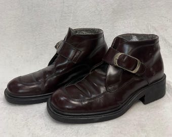 VTG Oxford Classic 8 Monk Strap Boot Burgundy Leather Square Toe Masc Formal 90s
