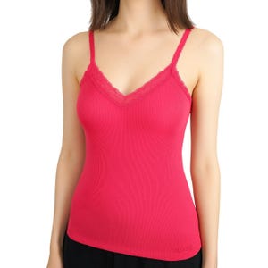 May include: A vibrant red camisole with delicate spaghetti straps and a V-neckline trimmed with lace. The ribbed fabric adds texture to the top. The camisole is a solid color and appears to be made of a soft material.