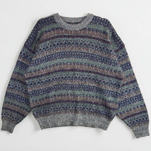 May include: A patterned jumper in shades of blue, green, brown, and grey. The jumper features a crew neck and ribbed cuffs and hem. The design incorporates geometric shapes and horizontal stripes, creating a textured appearance.