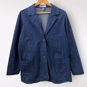 VTG Old Navy L Blue Denim Blazer Jacket Patch Pockets Stretch Chore Masc Office