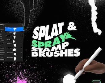 May include: A digital illustration of a set of spray and splat brushes for digital art. The image shows a variety of brush strokes in white, pink, and green. The text "SPLAT & SPRAY STAMP BRUSHES" is in bold white letters with a green outline.