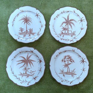 Set of 4 Mariposa Hand Painted Italian Salad Plates – Palm Tree Design, Brown on White, Scalloped Edge