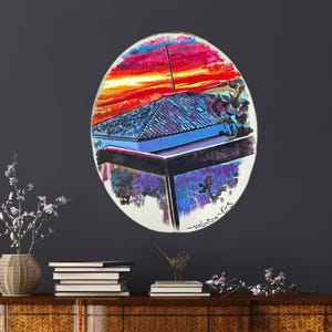 May include: A circular painting of a colorful sunset over a building with a blue roof. The painting is signed "Valentia 65" in the bottom right corner.