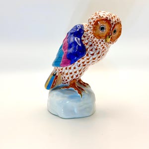 Herend Porcelain Owl Figurine | Handpainted Rust Fishnet, 24K Gold Accents
