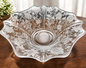 1930s Cambridge Glass Wildflower Etched Floral Console Bowl | Clear Elegant Glass Centerpiece