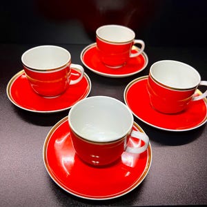 Hollohaza Hungary Porcelain Coffee Set For 4 | Red & Gold Cup w Saucer