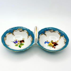 Rare Herend Turquoise Fish Scale Double Salt Dish | Hand-Painted w Fruits Pattern, Signed