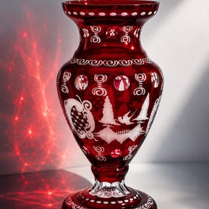 May include: A ruby red glass vase with white etched designs. The vase features a wide base, a slender body, and a flared rim. The etched designs include floral and landscape motifs, with a decorative border around the top and base.