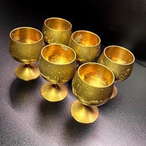 Vintage Set of 6 Hand Etched Solid Brass Cordials / Wine Glass /Shot Glass