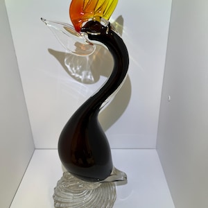 Large Murano Style Art Glass Bird | 11” Hand-Blown Glass Figurine with Amber Crest & Twisted Base