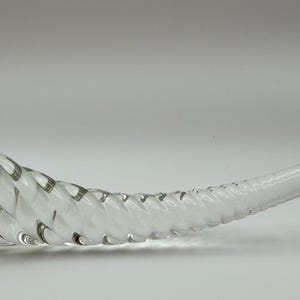 May include: Clear glass decorative horn with a twisted, ridged design. The horn curves gently to a rounded tip. The glass is transparent, allowing light to pass through. The horn is likely a decorative item.