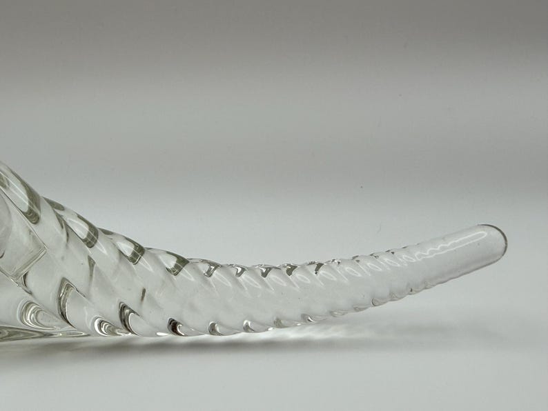 May include: Clear glass decorative horn with a twisted, ridged design. The horn curves gently to a rounded tip. The glass is transparent, allowing light to pass through. The horn is likely a decorative item.