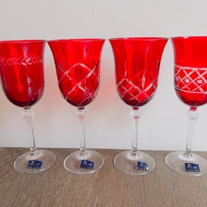 Set of 4 GA Cristal Ruby Red Cut to Clear Wine Glasses | Made in Italy | Crystal Stemware Gift Boxed