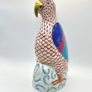 Herend Large 8.5” Parrot Figurine: Handpainted Rust Fishnet, 24k Gold Accents