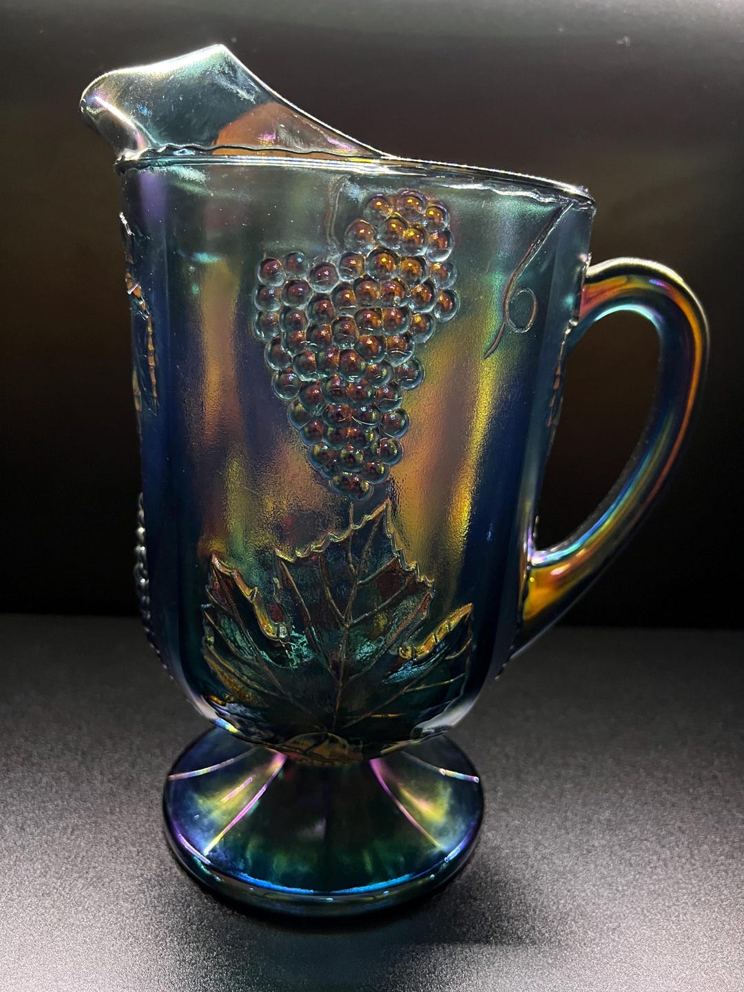 Blue Carnival Glass Pitcher