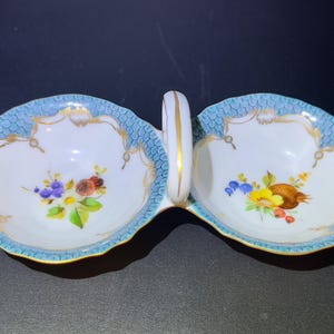 RARE Herend Handpainted Double Salt Cellar / Nut Dish | Fruits & Flowers w/ Turquoise FishScale Pattern | SIGNED By Artist Kiss Gyuláné