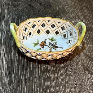 Herend Rothschild Bird Small Open Weave Basket | Handpainted Porcelain w 24k Gold Accents | Herend Hungary