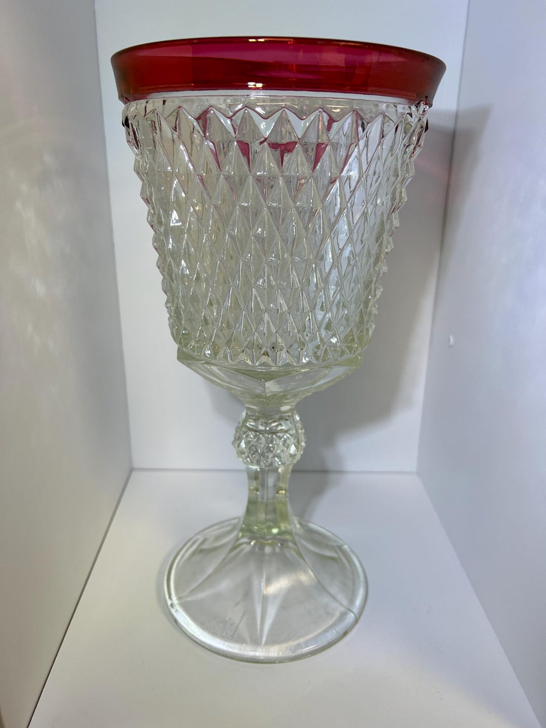 Antique EAPG Ruby Stained Diamond Point Compote | Large 11” Pressed ...
