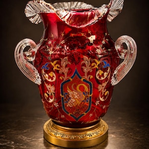 May include: A deep red glass vase featuring a ruffled clear glass rim, two clear glass handles, and a gold-toned metal base. The body is decorated with hand-painted floral vines and a central shield emblem depicting a swan in gold, blue, and white.