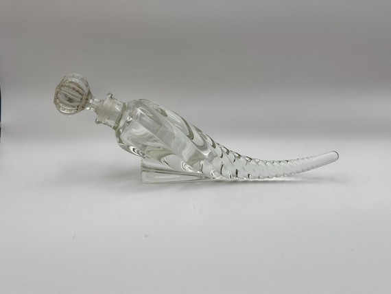 1920s Clear Art Glass Cornucopia Perfume Bottle with Faceted Stopper | Handblown Vanity Scent Bottle