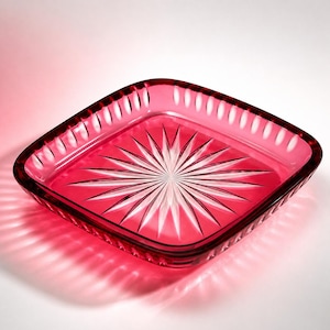 1960s Bohemian Ruby Red Cut Glass Trinket Dish