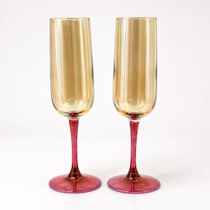 Vintage Italian Art Glass Champagne Flutes | Amber Bowls & Pink Stems | Set of 2