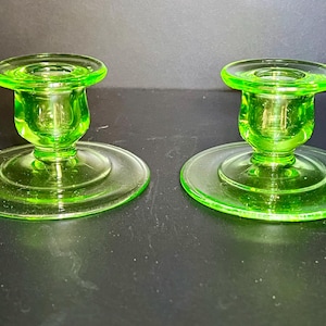 Indiana Glass Tea Room Uranium Glass Candlestick Holders | 1930s Depression Glass Pair | Art Deco Glow