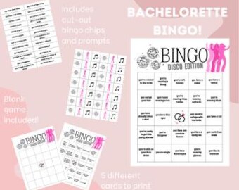 May include: Printable bachelorette bingo game cards with a disco theme. Includes 5 different cards, cut-out bingo chips, and prompts. Blank game cards are also included.