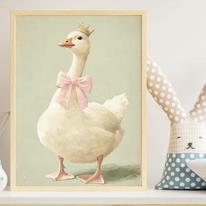Goose Nursery Wall Art Baby Girl Digital Download Pastel Cottagecore Printable Vintage Duck Print Farm Animal Poster Pink Bow Crown Artwork