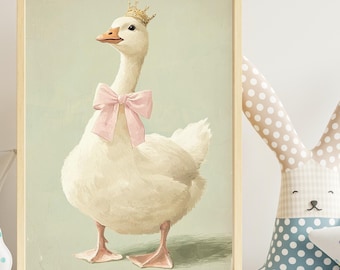 Goose Nursery Wall Art Baby Girl Digital Download Pastel Cottagecore Printable Vintage Duck Print Farm Animal Poster Pink Bow Crown Artwork