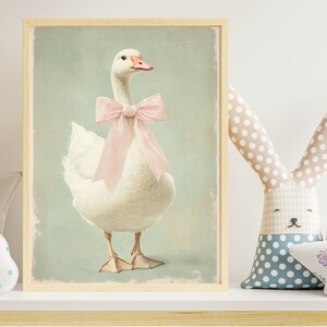 Goose Nursery Wall Art Girl Baby Digital Print Pastel Duck Artwork Cute Bow Animal Cottagecore Vintage Poster Sage Green Decor Printable