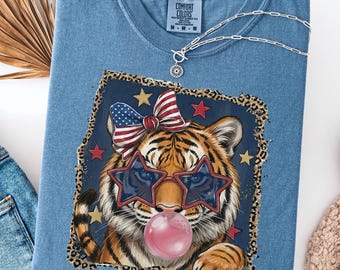 Patriotic Funny Tiger PNG File July 4th Wild Cat Sublimation Design Tiger Bubblegum Png Download Trendy Tiger Lover Instant Digital ONLY