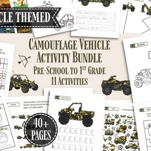Peut inclure: Ensemble d'activités sur le thème des véhicules de camouflage pour la maternelle à la 1ère année, comprenant 11 activités et plus de 40 pages. Comprend des pages à colorier, des labyrinthes et des exercices de traçage.