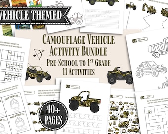 Camo Vehicle Activity Bundle Mini Unit Study Homeschool Activity Printable Kindergarten Worksheet Montessori Letter Trace Instant Download