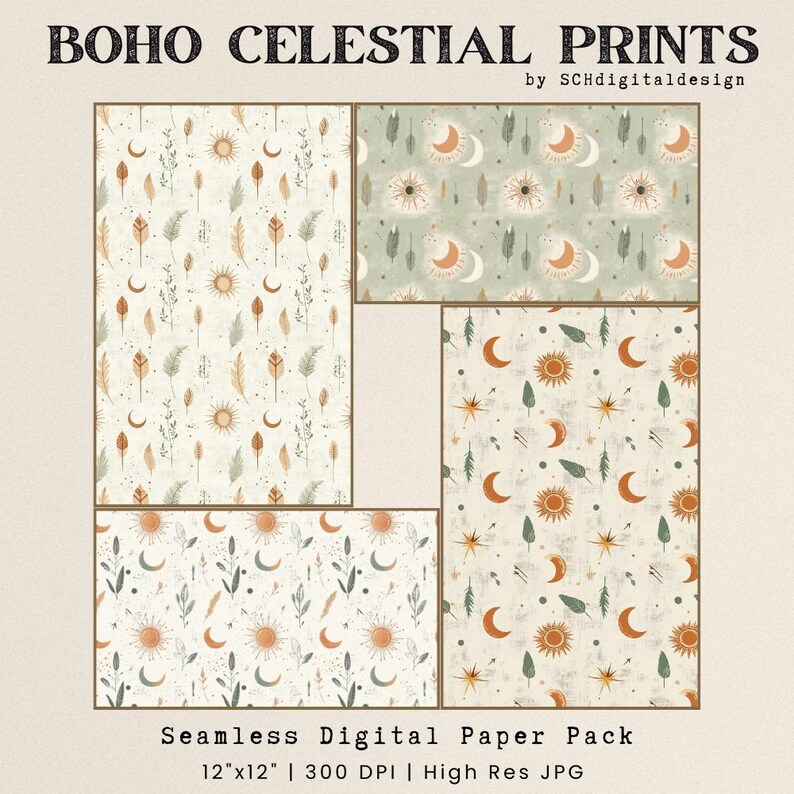 Boho Celestial Digital Paper Earthy Tone Colors Seamless Boho Pattern ...