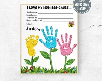 Printable I Love Mom Because Handprint Keepsake Digital Hand Print Craft for Mom Last Minute Mother's Day Gift for Mama Instant Download