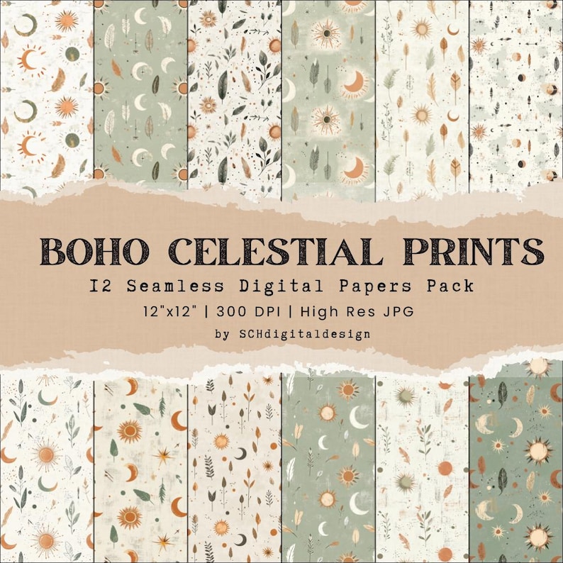 Boho Celestial Digital Paper Earthy Tone Colors Seamless Boho Pattern ...