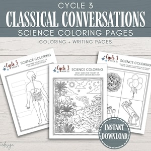 Può includere: Tre pagine da colorare scientifiche con il testo "Cycle 3 Classical Conversations Science Coloring Pages". Le pagine presentano disegni al tratto del sistema digestivo, un paesaggio con animali e illustrazioni scientifiche. Sono visibili anche le parole "Instant Download".