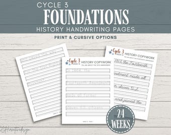 Cycle 3 Classical Conversations History Printable Handwriting Practice Pages CC Foundations Worksheets Homeschool Cursive Handwriting Pages