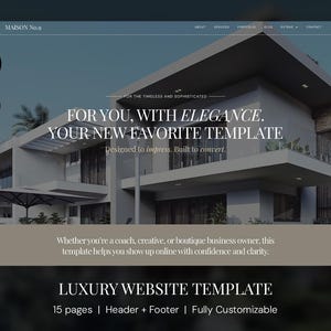 Könnte beinhalten: Ein Website-Template-Design mit einem modernen Architektur-Bild. Der Text lautet "FOR YOU, WITH ELEGANCE. YOUR NEW FAVORITE TEMPLATE" und "LUXURY WEBSITE TEMPLATE". Das Design enthält die Logos von WordPress und Elementor.