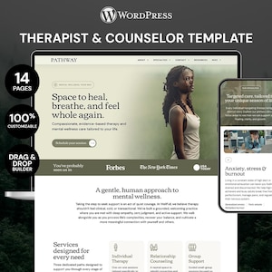 May include: A WordPress website template for therapists and counselors displayed on a laptop and smartphone screen. The design features a neutral color palette, a hero image of a person, and text sections detailing mental wellness services.