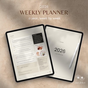 May include: A digital 2026 weekly planner displayed on two tablet screens. One screen shows a weekly schedule with tasks, notes, and stickers, while the other displays the title page with the text 2026 a year, week by week and a white stylus.