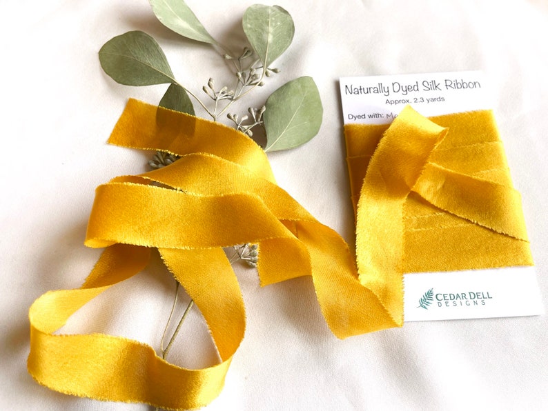 Gold Silk Ribbon, Natural Dye, Plant Dyed Silk, Shimmery Golden Yellow image 1