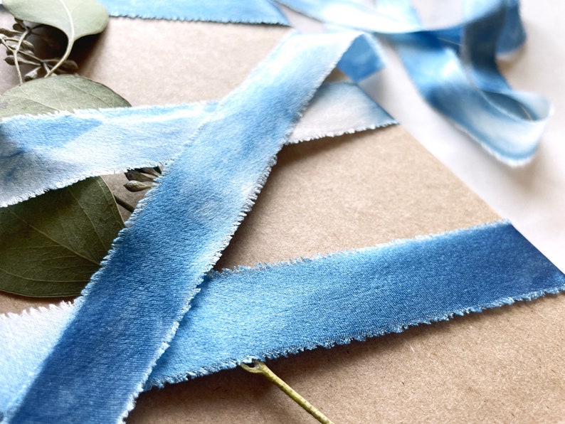 Indigo Dyed Silk Ribbon, Natural Dye, Plant Dyed Silk, Blue and White Ribbon image 6