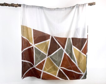 Earth Tone Geometric Organic Cotton Scarf, Hand Painted with Natural Dyes, Blanket Scarf, Oversize Wrap, Shawl, Sarong