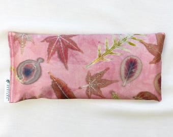 Raspberry Pink Leaf Printed Organic Lavender and Flax Seed Silk Eye Pillow, Naturally Dyed