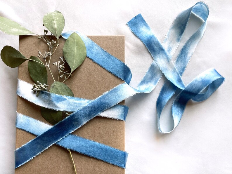 Indigo Dyed Silk Ribbon, Natural Dye, Plant Dyed Silk, Blue and White Ribbon image 4