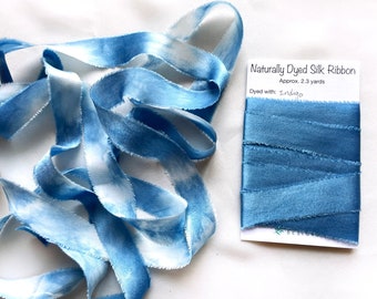 Indigo Dyed Silk Ribbon, Natural Dye, Plant Dyed Silk, Blue and White Ribbon