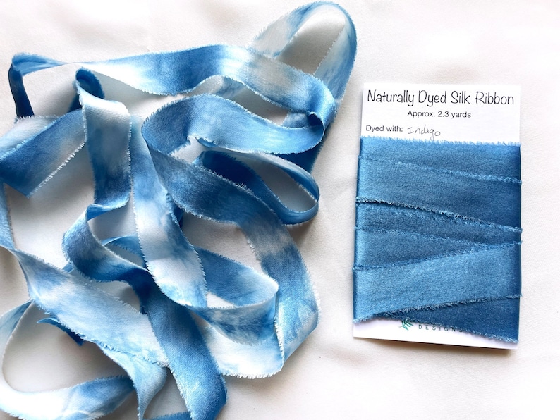 Indigo Dyed Silk Ribbon, Natural Dye, Plant Dyed Silk, Blue and White Ribbon image 1