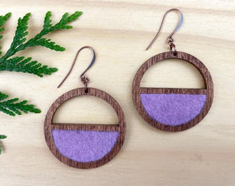 Purple Wood Hoop Earrings, Naturally Dyed Wool, Handmade Jewelry
